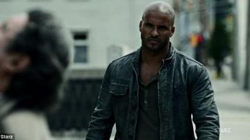 The leather jacket worn by Shadow Moon (Ricky Whittle) in the series American Gods (Season 1 Episode 5)