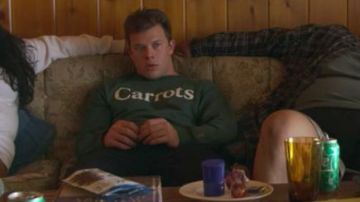 Green sweatshirt "Carrots" won by Dylan Maxwell (Jimmy Tatro) as seen in American Vandal S01E01