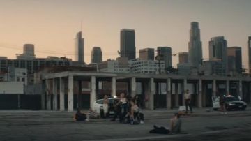 The parking lot with a view of Los Angeles in the clip What About Us P!nk