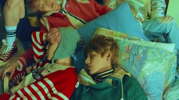 The green sweater Cardigan in the clip Spring Day BTS