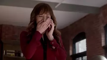 The Kooples Red Pleated Shirt Dress worn by Anastasia Steele (Dakota Johnson) as seen in Fifty Shades Freed