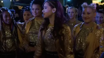 Emily's (Hailee Steinfeld) Bellas gold bomber as seen in Pitch Perfect 3