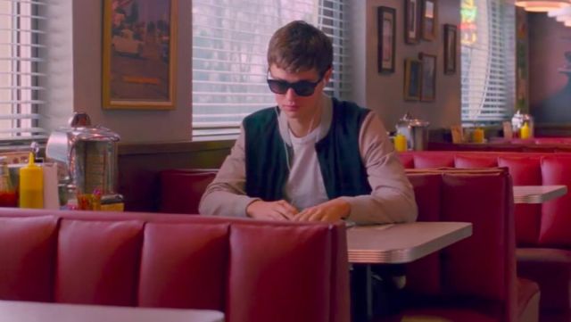 Grey And Blue Varsity Jacket worn by Baby (Ansel Elgort) as seen in Baby Driver