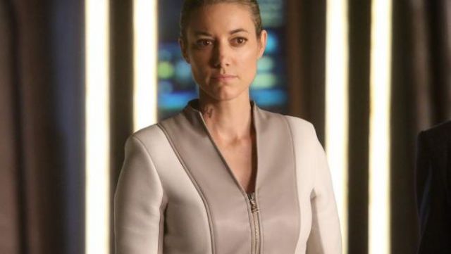 White/ Grey Leather Jacket worn by The Android (Zoie Palmer) as seen in Dark Matter S02E03