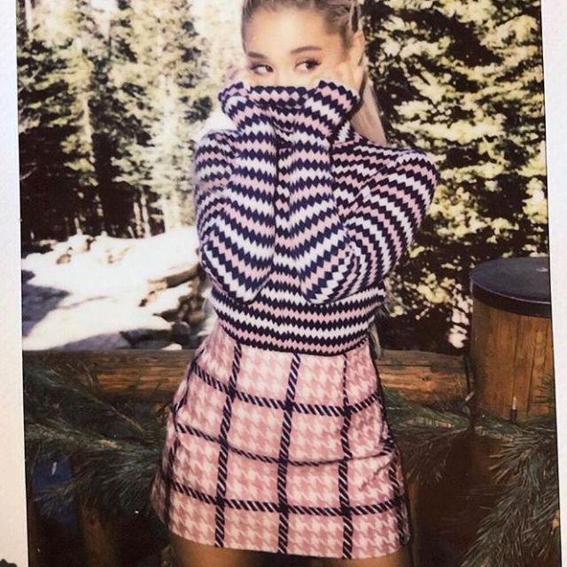 The pink skirt Moncler jackets worn by Ariana Grande on her account  Instagram | Spotern