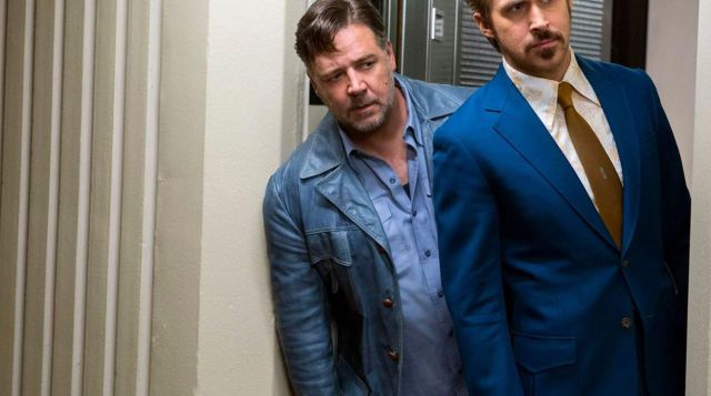 The leather jacket blue of Jackson Healy (Russell Crowe) in The Nice Guys