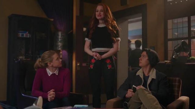 Pants-H&M black flower embroideries of Cheryl Blossom (Madelaine Petsch) in Riverdale S02E14