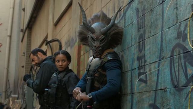 The horned masks of Erik Killmonger (Michael B. Jordan) in a Black Panther