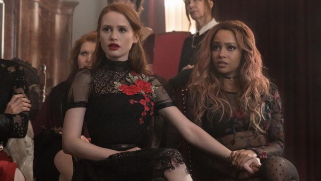 The black dress with embroidery of flowers from Cheryl Blossom (Madelaine Petsch) in Riverdale S02E15