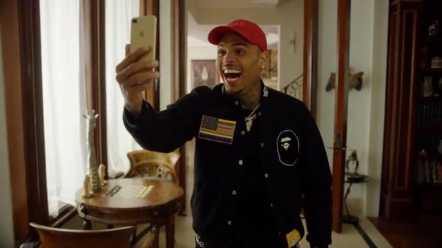 Mus Omleiden buis The varsity jacket black Bape x Futura Chris Brown in the clip Freaky Friday  by Lil Dicky | Spotern