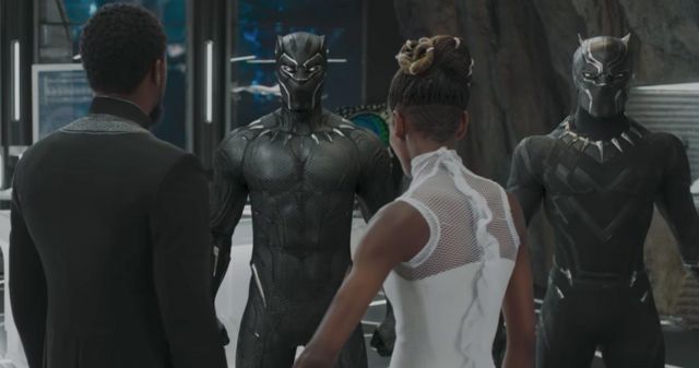The replica of the costume of the Black Panther / T Challa (Chadwick Boseman) in a Black Panther