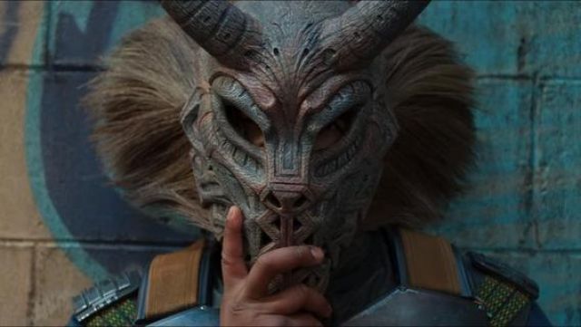 The tribal mask with horns of Erik Killmonger (Michael B. Jordan) in a Black Panther