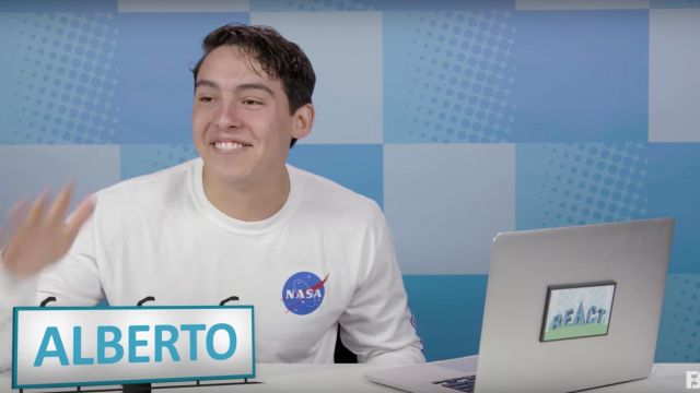 Alberto's NASA long sleeve tee as seen in the video Try to Watch This Without Laughing or Grinning #70 by REACT