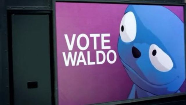 The sticker with "Vote Waldo" in Black Mirror S02E03