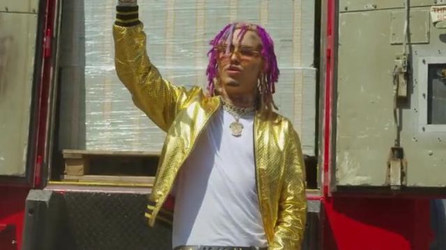 Catastrophe Turns into Awareness GUCCY" Gold Varsity Jacket worn by Lil Pump as seen in Esskeetit music  video | Spotern