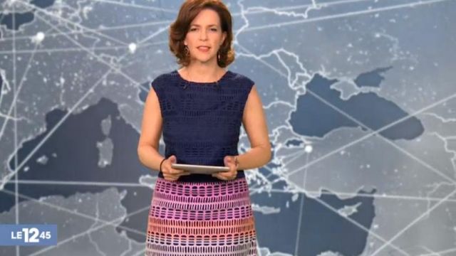 The multicolored dress of Nathalie Renoux in The 12:45 to M6 of the 21/04/2018