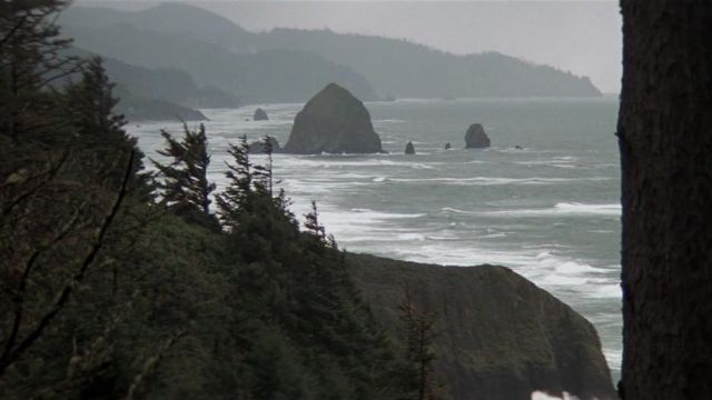 Haystack Rock seen on the road to Fratelli's hideout in The Goonies