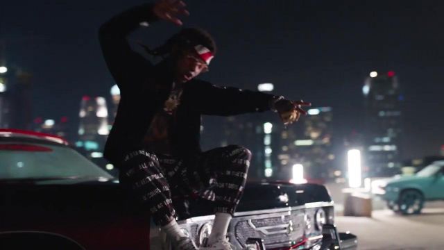 Sacai "all in due course" jog­ger pants worn by Swae Lee as seen in Powerglide video clip of Rae Sremmurd feat. Juicy J