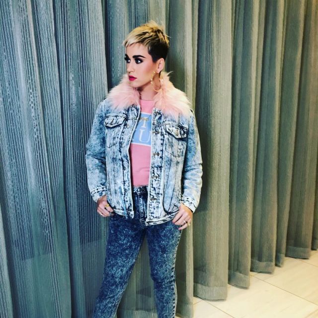 The jean jacket fur collar pink Katy Perry on a photo to Instagram