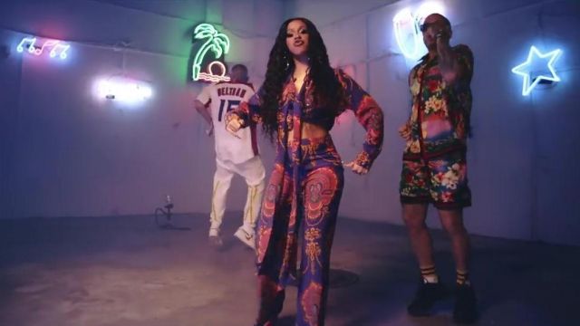 The Printed Shirt to the Edge Web Gucci worn by Bad Bunny "Cardi B, Bad Bunny & J Balvin - I Like It [Official Music Video]"