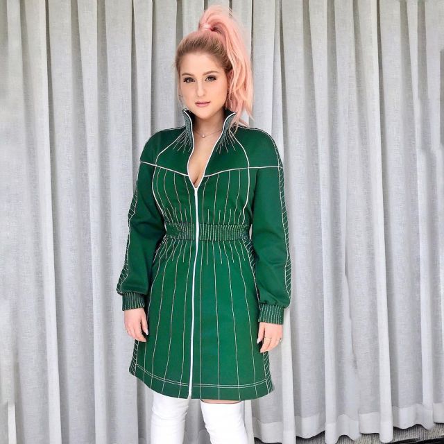 The green dress, high collar Valentino Long Sleeve Zip Front Fitted Short Dress by Meghan Trainor on his account Instagram