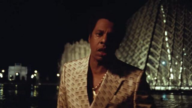 Gucci stamp formal jacket worn by Jay Z as seen in APESHIT video clip of The Carters