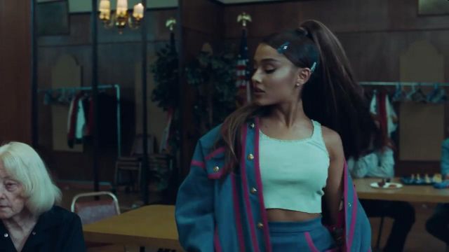 White cropped top worn by Ariana Grande in her video clip "Dance to this" featuring Troye Sivan