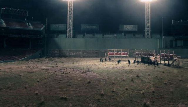 The Baseball stadium, "Bernie Arbour Stadium in Hamilton in Canada in the stage of intimidation of The Handmaid''s Tale S02E01
