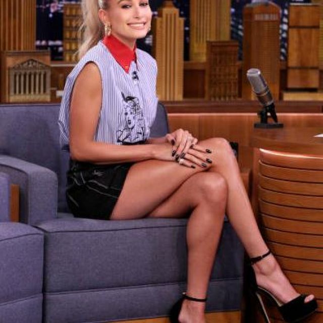 The shoes with high heels Hailey Baldwin in the The Tonight Show Starring Jimmy Fallon