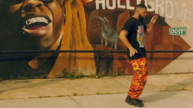 The Pants camouflage orange door Drake in her video clip for "In my feelings"