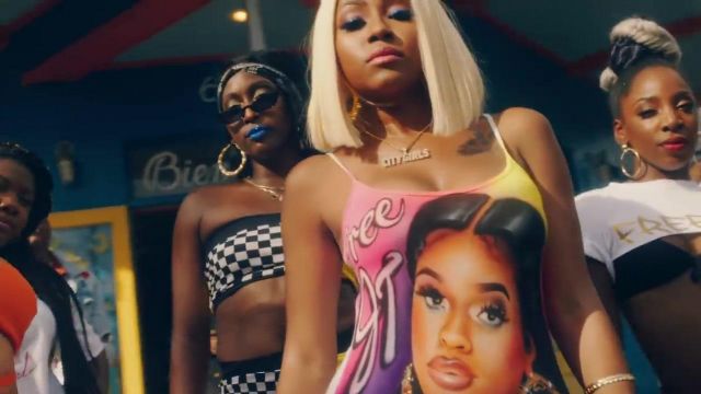 Customized multicolor body "Free JT" worn by Yung Miami in rake's video clip "In my feelings"