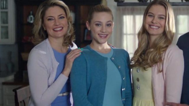 Kate Spade blue cardigan worn by Betty Cooper (Lili Reinhart) as seen in Riverdale S01E08