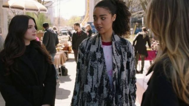 Black and white graphic jacket worn by Kat Edison (Aisha Dee) as seen in The Bold Type S02E08