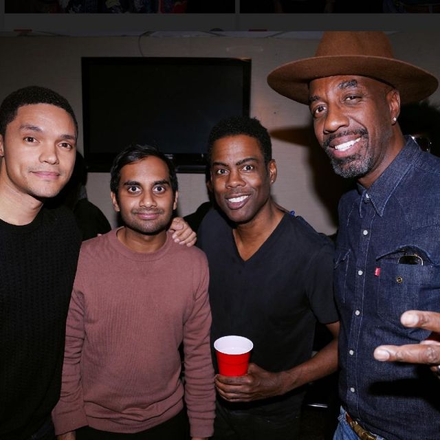 The black t-shirt, v-neck collar worn by Chris Rock on his account Instagram