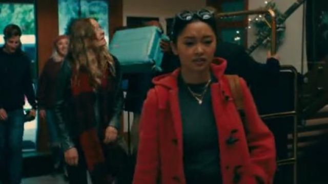 Red hooded duffle coat worn by Lara Jean (Lana Condor) as seen in To All the Boys I've Loved Before