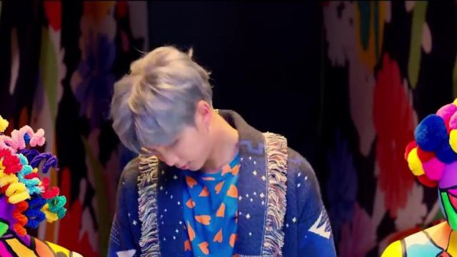 Blue t-shirt heart printed worn by RM in BTS (방탄소년단) 'IDOL' Official MV