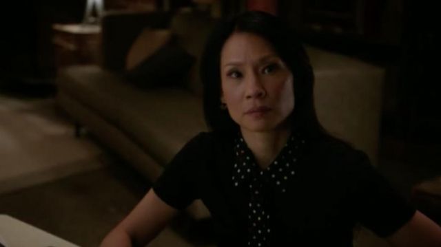The top collar of the polka dot Miu Miu Dr. Joan Watson (Lucy Liu) in Elementary S06E05