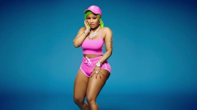 Pink baseball NY cap worn by Nicki Minaj in Barbie Dreams music video