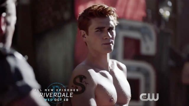 The temporary tattoo of the Southside Serpents of Archie Andrews (K. J. Apa) in Riverdale, Season 3