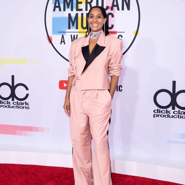 Pink Pyer Moss tuxedo worn by Tracee Ellis Ross for the American Music Awards 2018