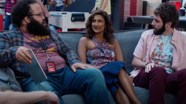 Ramy Brook Lorenza Printed Cross-Front Silk Top worn by Emet (Sarayu Blue) as seen in I Feel Bad S01E02