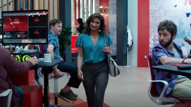 Stella McCartney Falabella reversible striped canvas and faux suede tote worn by Emet (Sarayu Blue) as seen in I Feel Bad S01E02