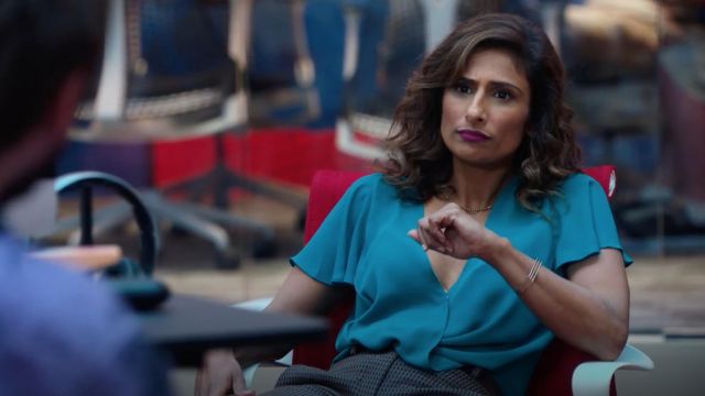 Trouvé Knot Front Blouse worn by Emet (Sarayu Blue) as seen in I Feel Bad S01E02