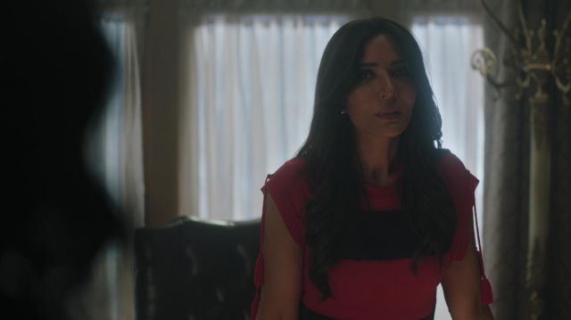 The top red Carven worn by Hermione Lodge (Marisol Nichols) in Riverdale S03E02