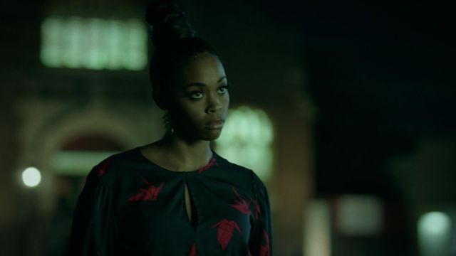 The top dark printed red Lewit worn by Anissa Pierce (Nafessa Williams) in Black Lightning S02E01