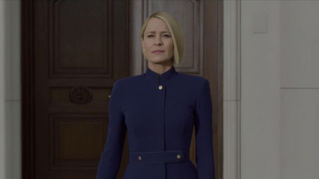 The blue jacket tailoring worn by Claire Underwood (Robin Wright) in House of Cards S06E01