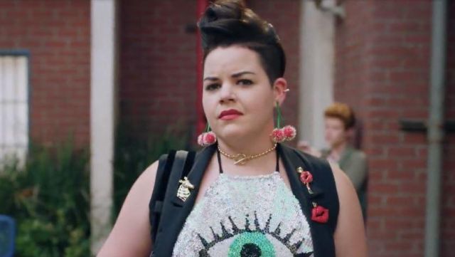 Di$count Univer$e Seeing Eyes Sequin crop top worn by Heather Chandler (Melanie Field) as seen in Heathers S01E05