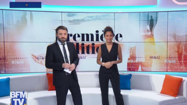 The pantsuit effect, draped with Virginia Sainsily in Weather (BFMTV)