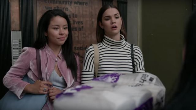 J. Crew oversized turtleneck in stripe worn by Callie Adams Foster (Maia Mitchell) as seen in Good Trouble S01E01