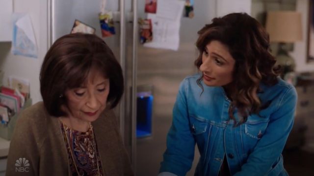 Frame Slender Denim Jacket worn by Emet (Sarayu Blue) as seen in I Feel Bad S01E09